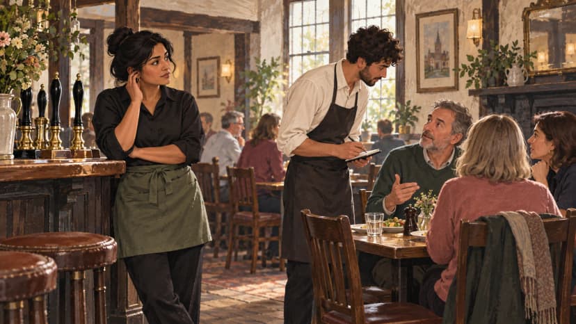 Illustration of a pub duty manager listening while a waiter takes a lunch order at a nearby table.