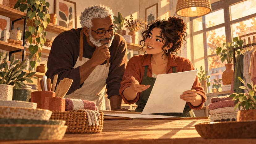 Illustration: a French shopkeeper reviews a blank music-use document with a colleague in a warm independent boutique.