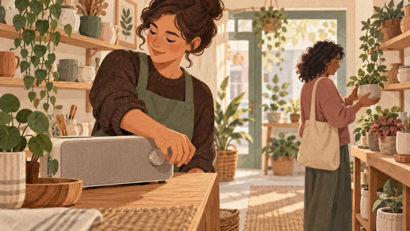 Illustration of a shopkeeper adjusting a tabletop speaker's knob while a customer examines a plant pot in a homeware shop.