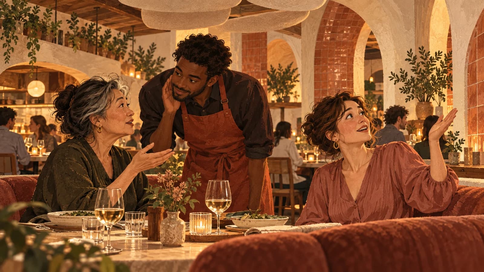 Illustration of a restaurant host trying to hear a diner in a busy room with hard surfaces and upholstered seating.