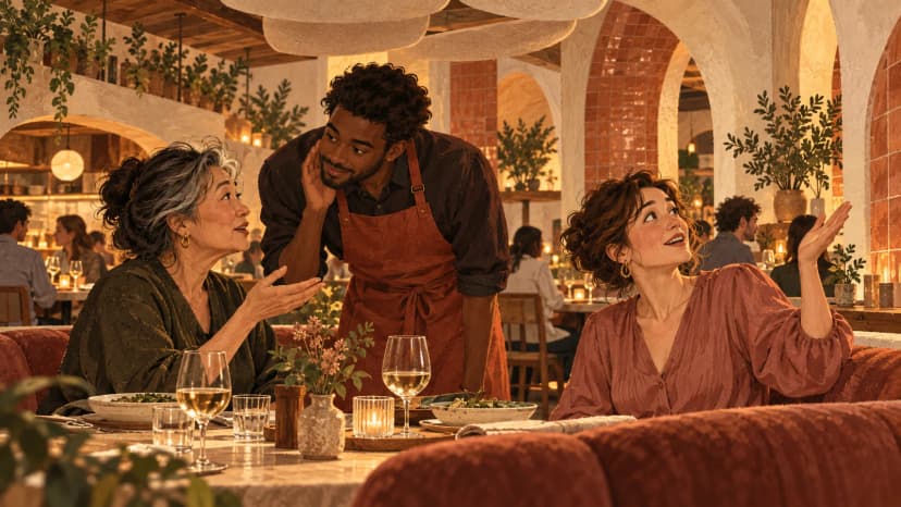 Illustration of a restaurant host trying to hear a diner in a busy room with hard surfaces and upholstered seating.