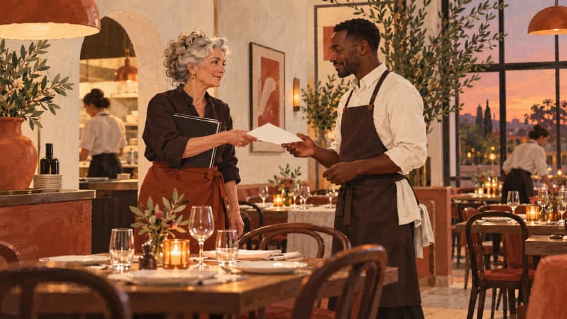 Illustration: a restaurant floor manager hands a blank running order to the evening host while daylight fades at the windows.