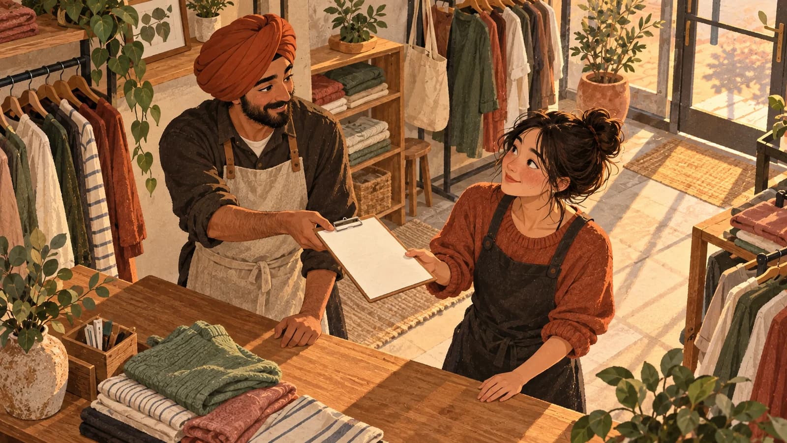 Illustration: a clothing-store opener hands a blank schedule to a colleague beside the counter before the doors open.