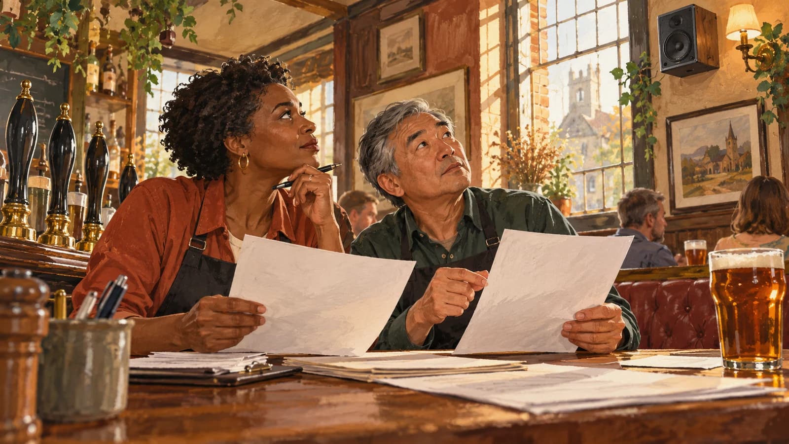 Illustration: a pub manager and colleague listen to a small wall speaker while comparing blank supplier offers.