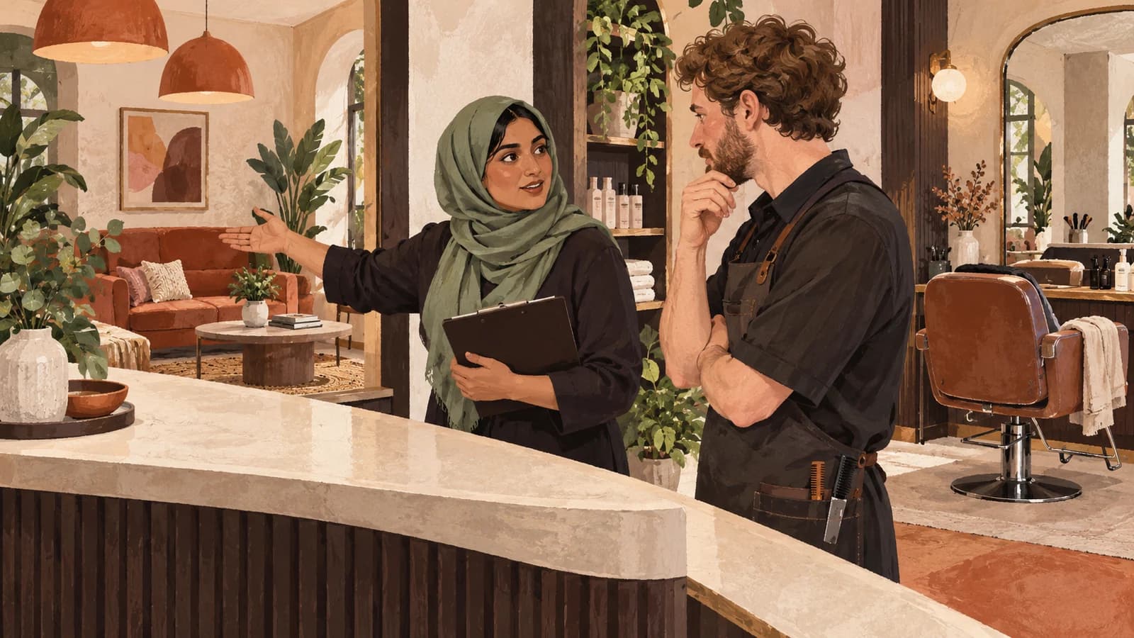 Illustration: a salon manager discusses the waiting area with a stylist, keeping the treatment chair and reception distinct.