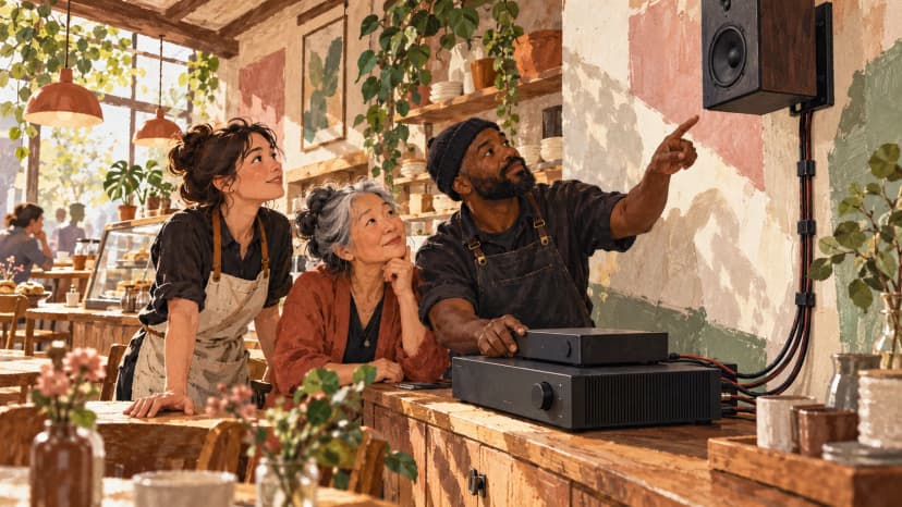 Painted illustration of cafe colleagues checking an amplifier, player and wall speaker.