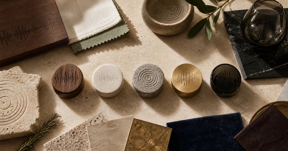 Five tactile sound-sample tokens arranged with hotel material swatches for a hospitality sonic-branding workshop