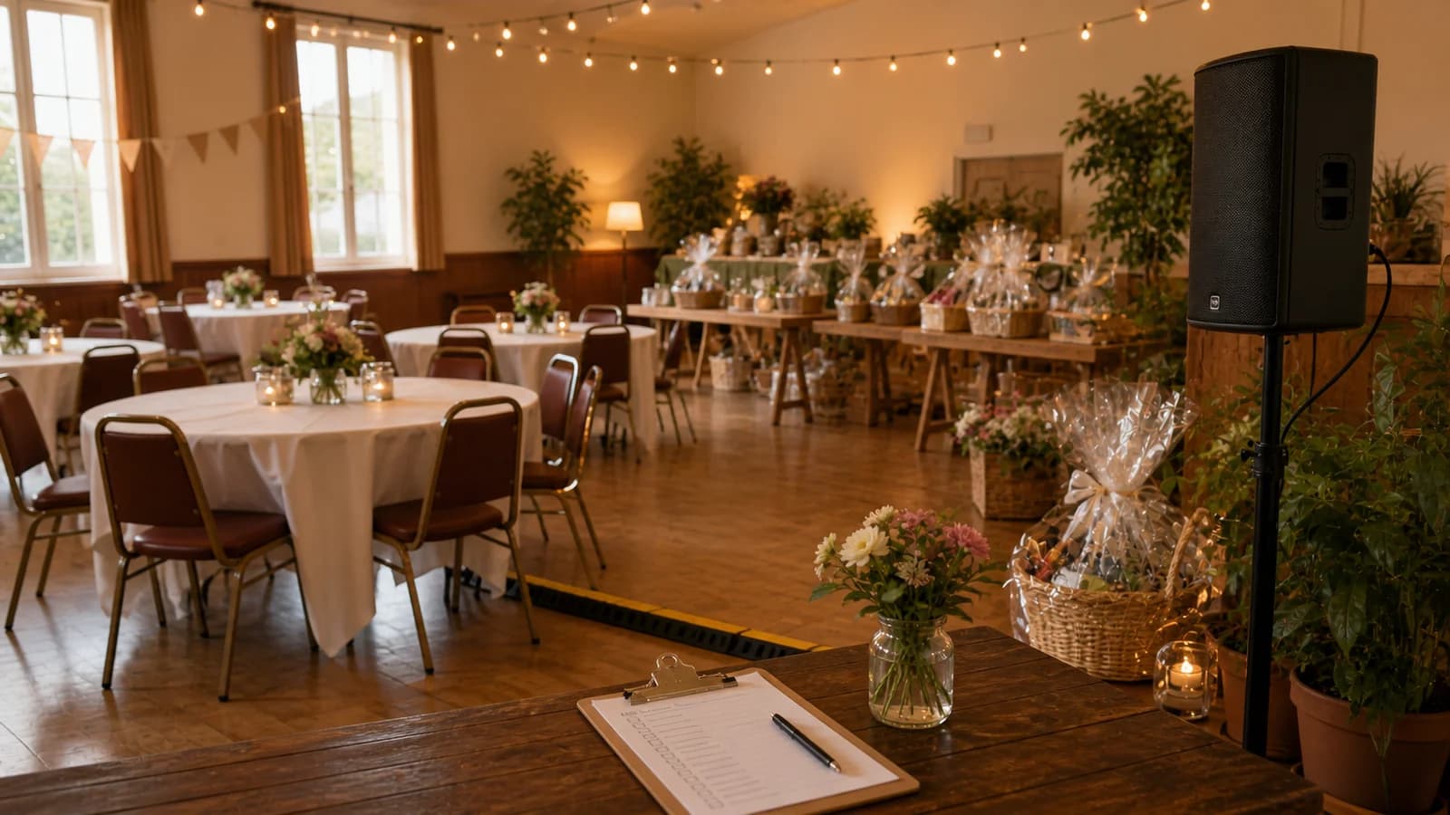 Community hall fundraiser setup with tables, chairs, winter light, speaker, and event run sheet