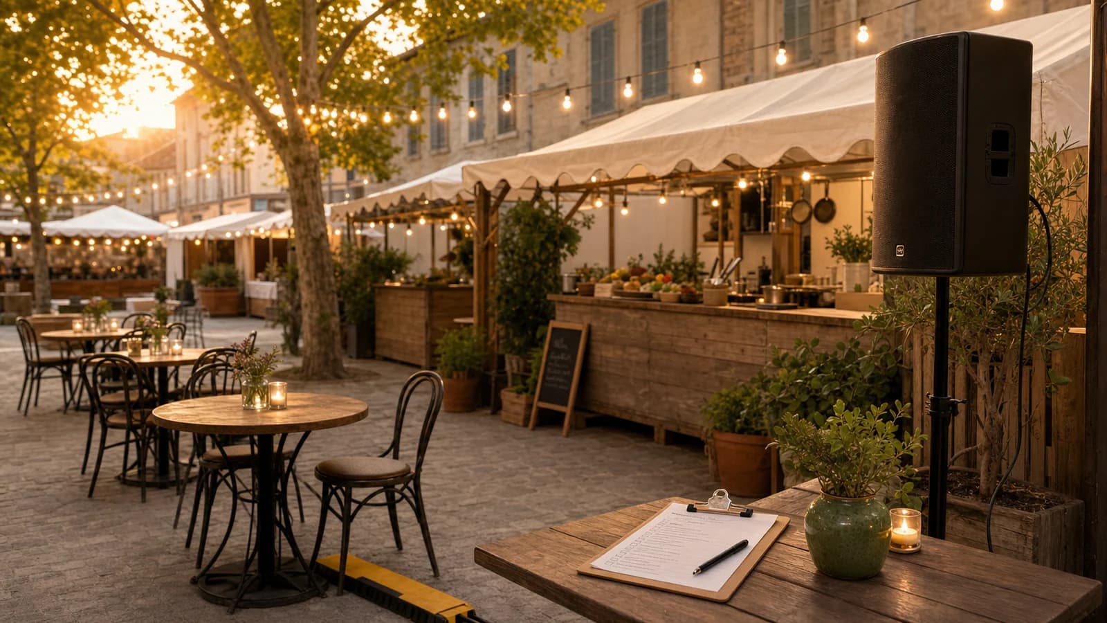Outdoor food-market event setup with shade sails, stalls, a speaker, and cable protection before visitors arrive