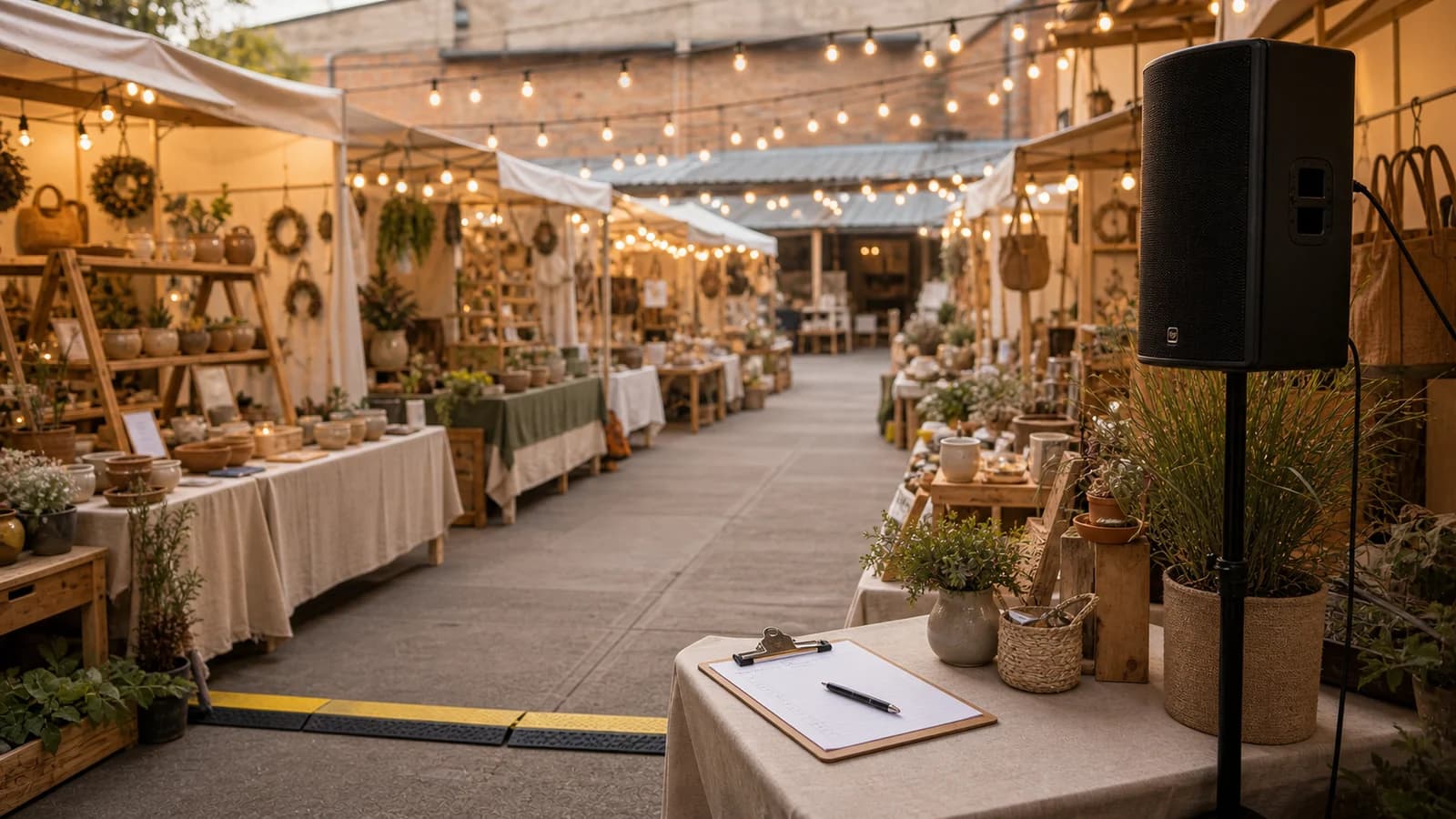 Seasonal market lane with stalls, lights, and a discreet speaker before visitors arrive