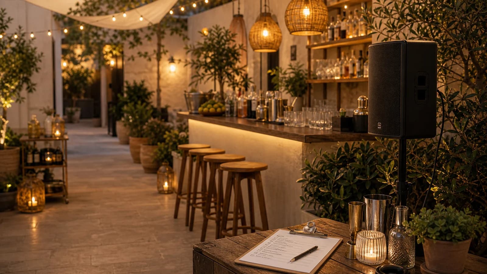 Evening courtyard event setup with chairs, warm lights, discreet speaker, and cable routing