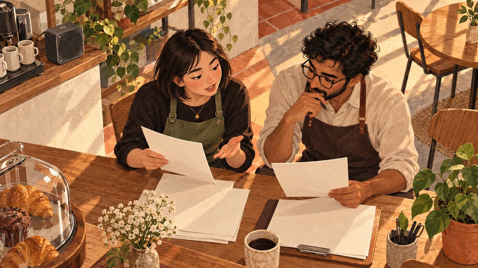 Illustration: a cafe manager and colleague compare blank cost documents beside a speaker, no currency or amounts visible.