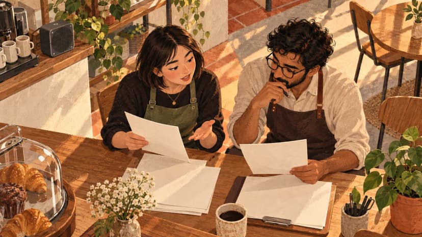 Illustration: a cafe manager and colleague compare blank cost documents beside a speaker, no currency or amounts visible.