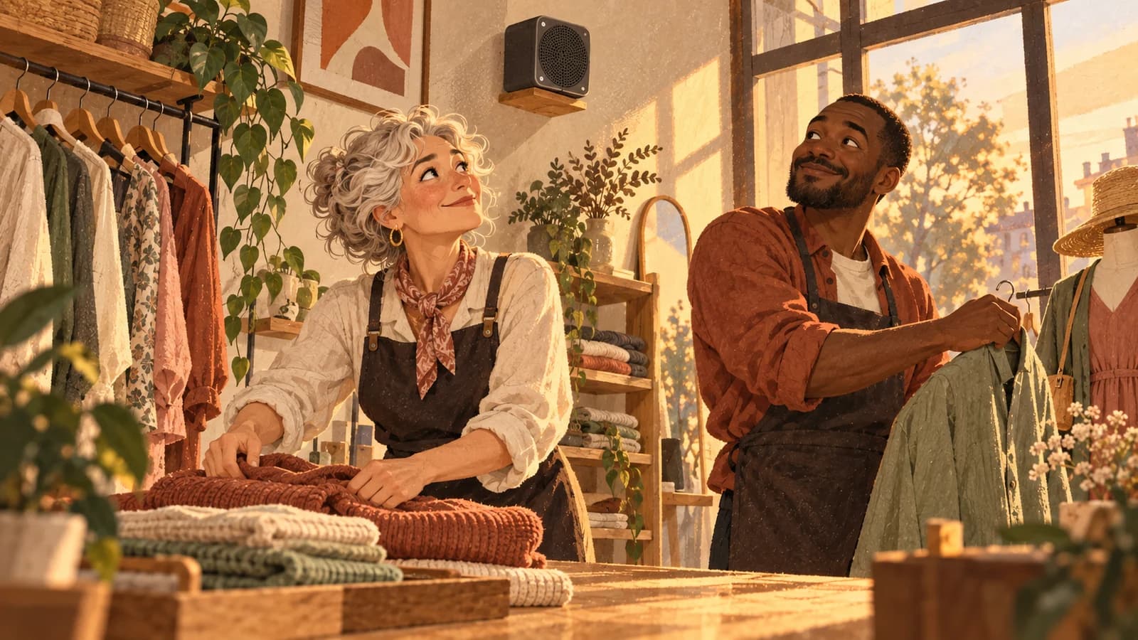 Illustration: a German shopkeeper and colleague listen to a wall speaker in a small fashion boutique.