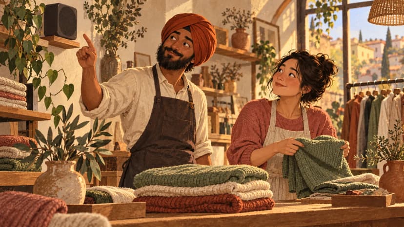 Illustration: an Italian shopkeeper and colleague consider music beside a wall speaker and folded knitwear.