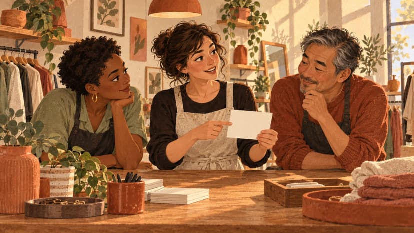 Illustration: a retail manager calmly explains a blank staff music handover card to two colleagues before opening.