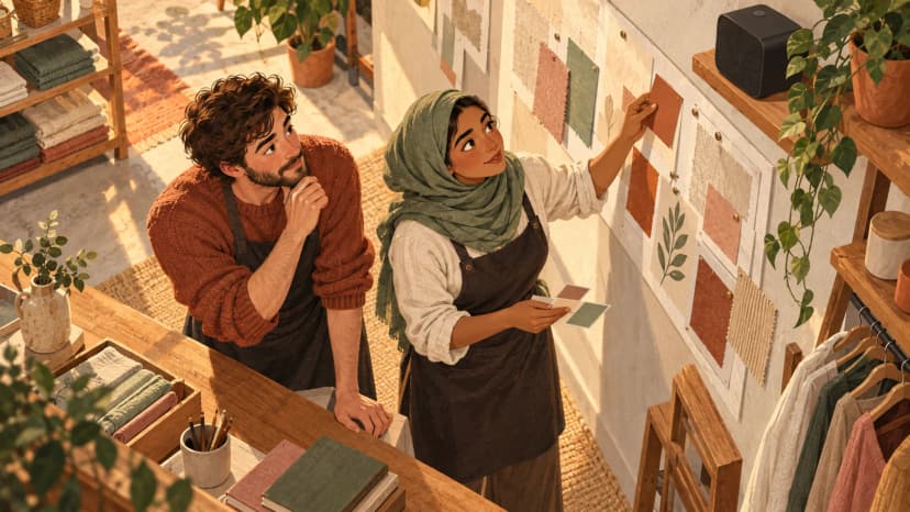 Illustration: two retail colleagues compare a blank wall planning board beside a counter and a plain speaker.