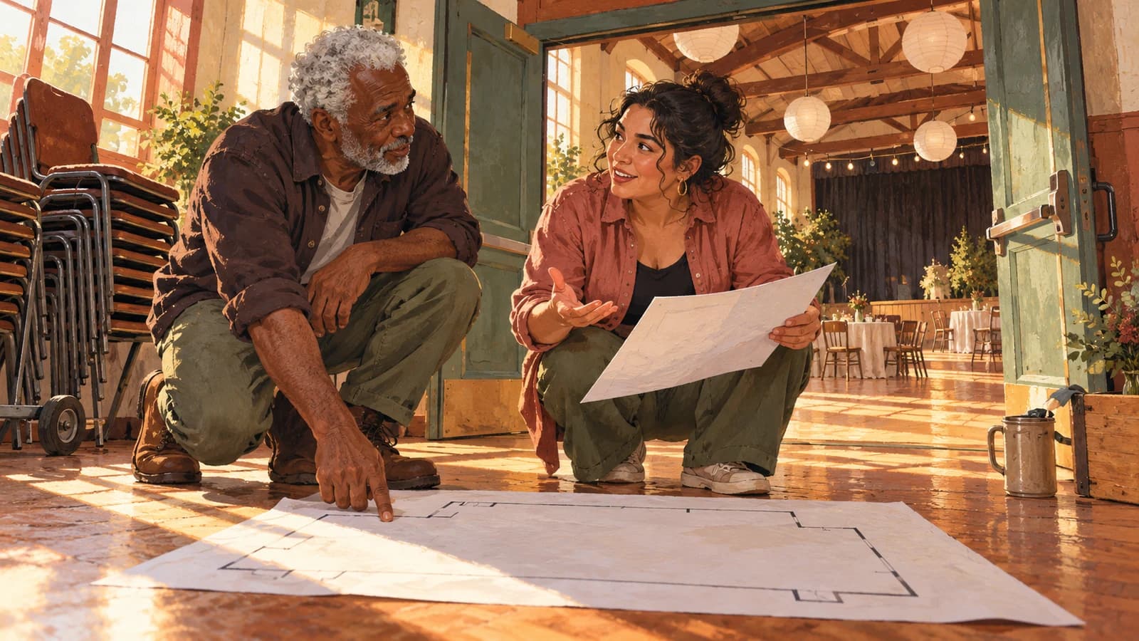 Illustration: a community event organiser and venue manager discuss a blank room plan beside an open hall doorway.