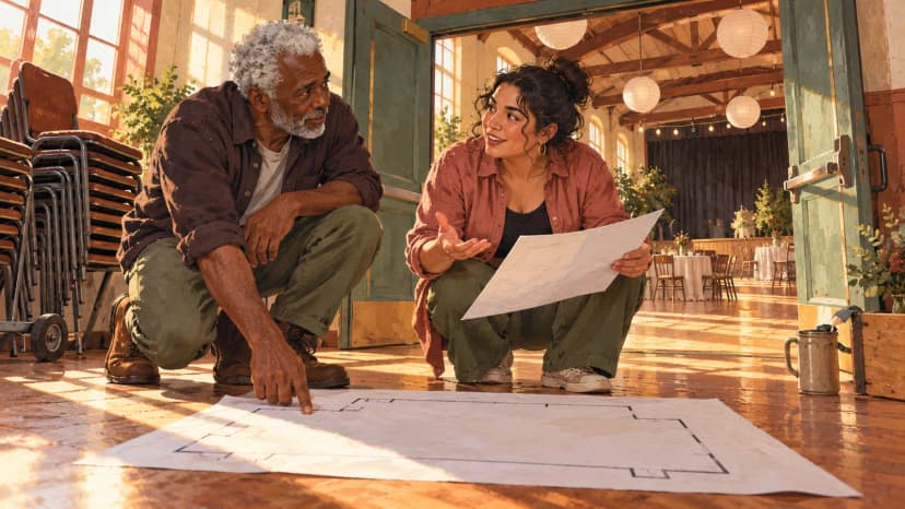 Illustration: a community event organiser and venue manager discuss a blank room plan beside an open hall doorway.