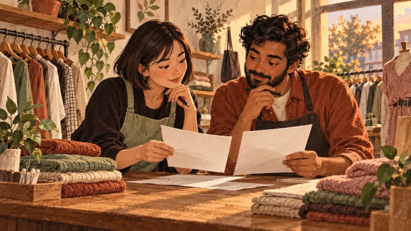Illustration: a retail manager and colleague compare blank music supplier notes at a clothing-store counter.