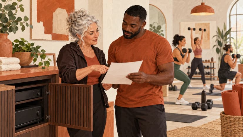 Illustration: two gym colleagues discuss a blank music-use sheet beside a reception audio cabinet.