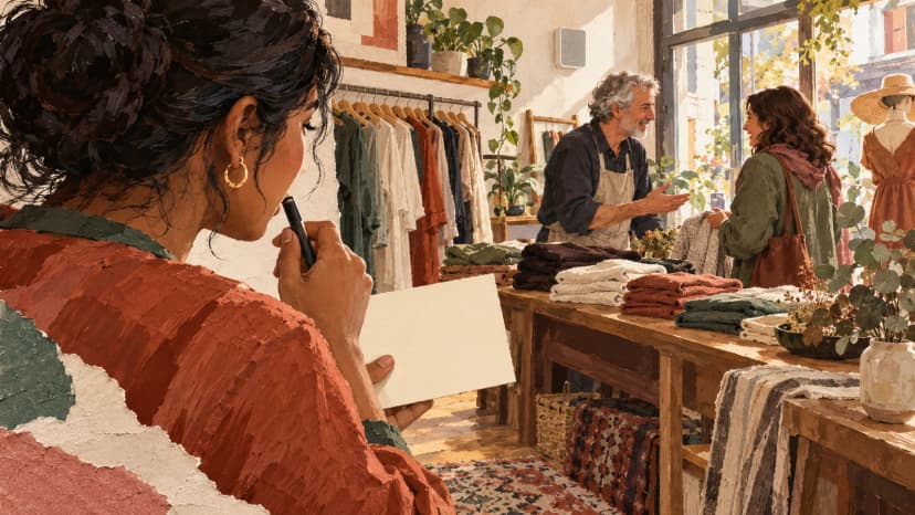 Painted illustration of a shop owner noting whether a customer conversation is easy beside a clothing display.