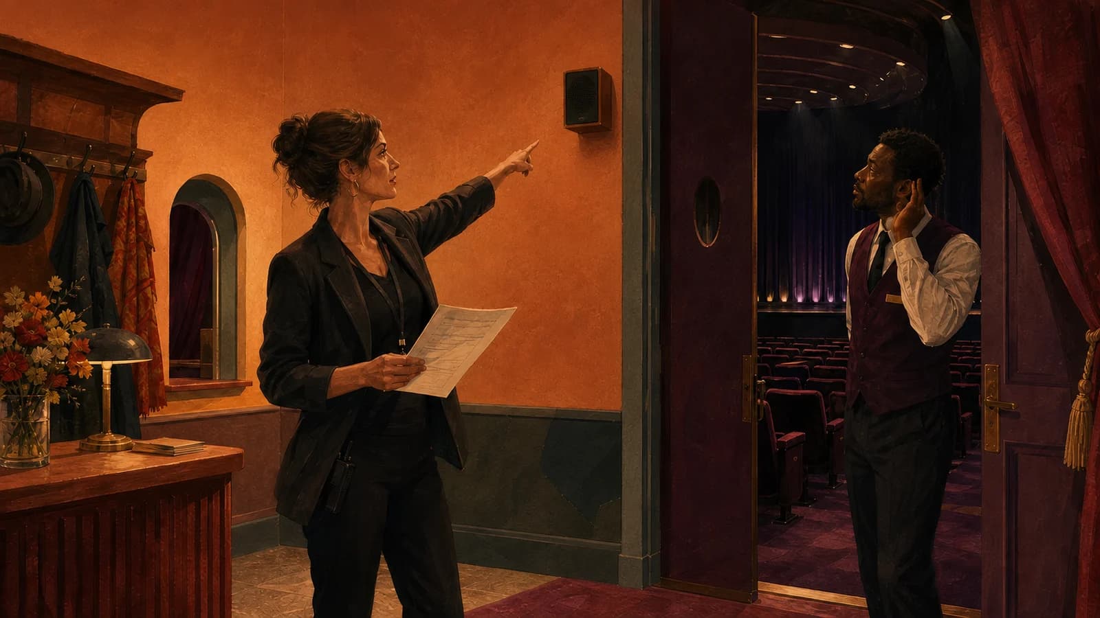 A front-of-house manager points to a foyer speaker while holding a running sheet as an usher listens at the open auditorium doorway