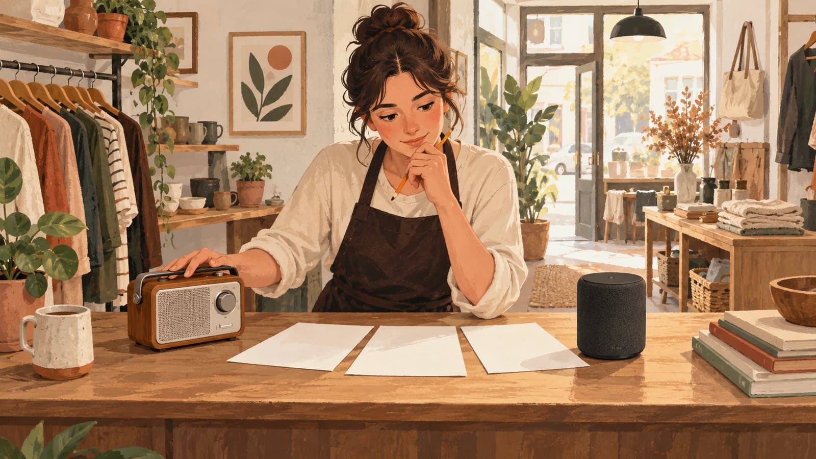 Illustration of a shop owner at her counter weighing up a small radio and a speaker over three blank sheets of paper.