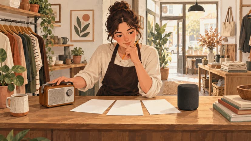 Illustration of a shop owner at her counter weighing up a small radio and a speaker over three blank sheets of paper.