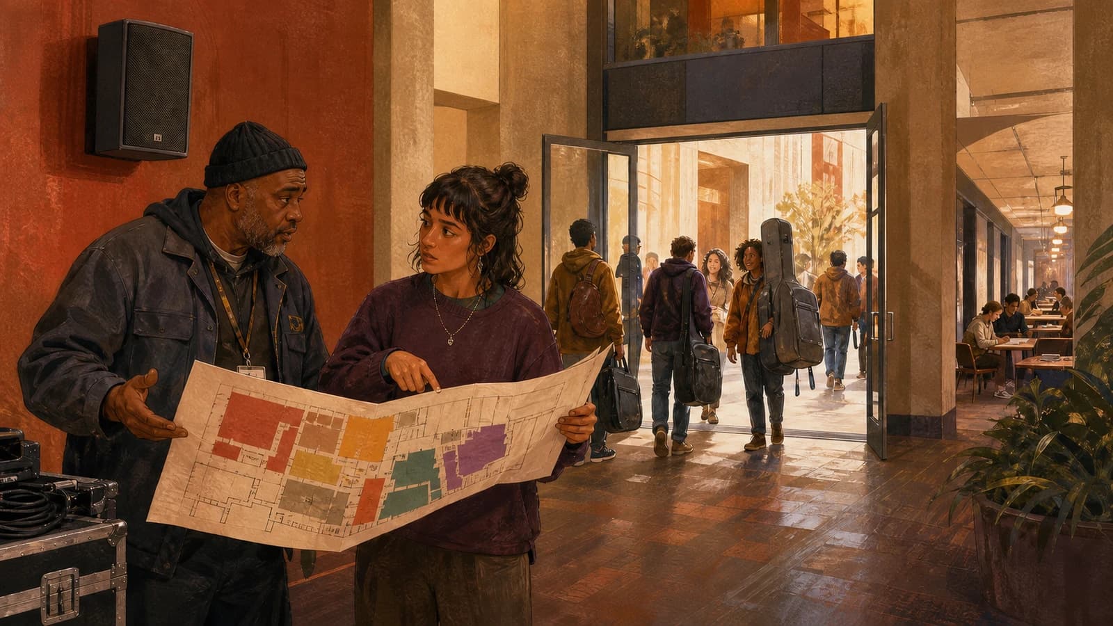 An estates manager and student organiser compare a campus map beside an atrium speaker while a society event is prepared in the distance
