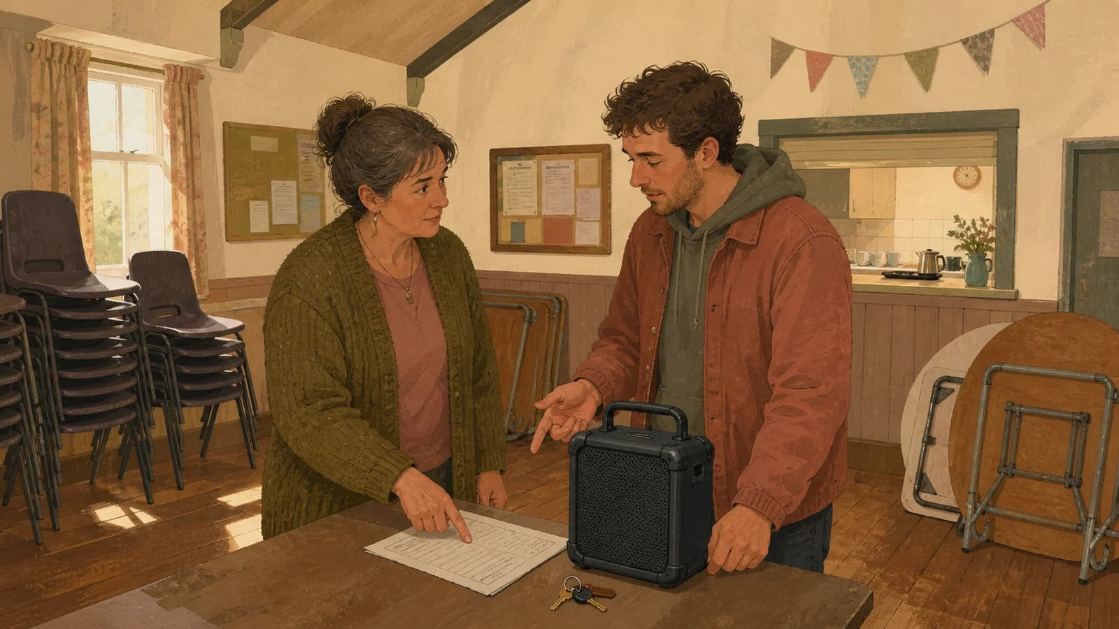 A village hall trustee and party hirer compare a booking form at a table beside stacked chairs, with an unplugged speaker between them