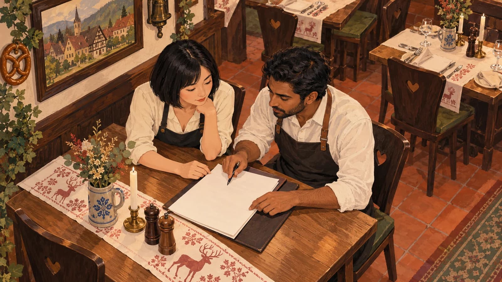 Illustration: a German restaurant owner and colleague review a blank music-use document at an empty dining table.