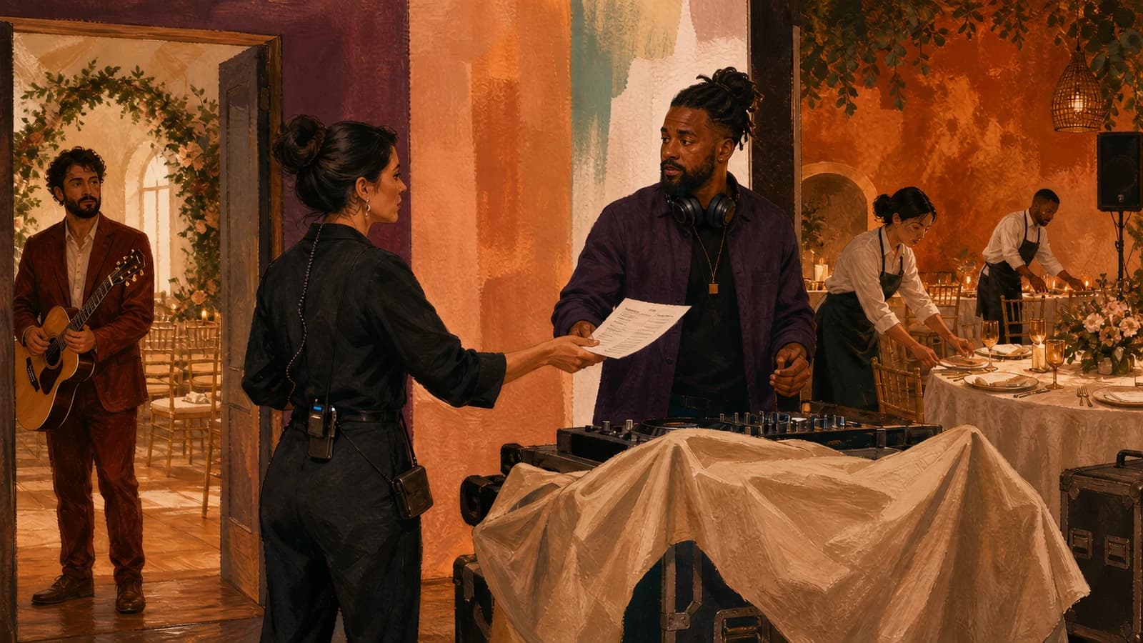 A wedding coordinator passes a paper running order to a DJ while an acoustic musician waits beside the ceremony doorway