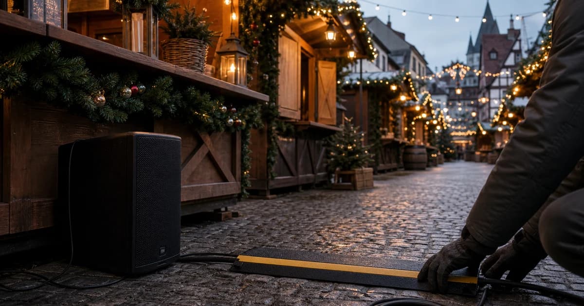 Winterlicher Markt mit Lautsprecher vor der Beschallung