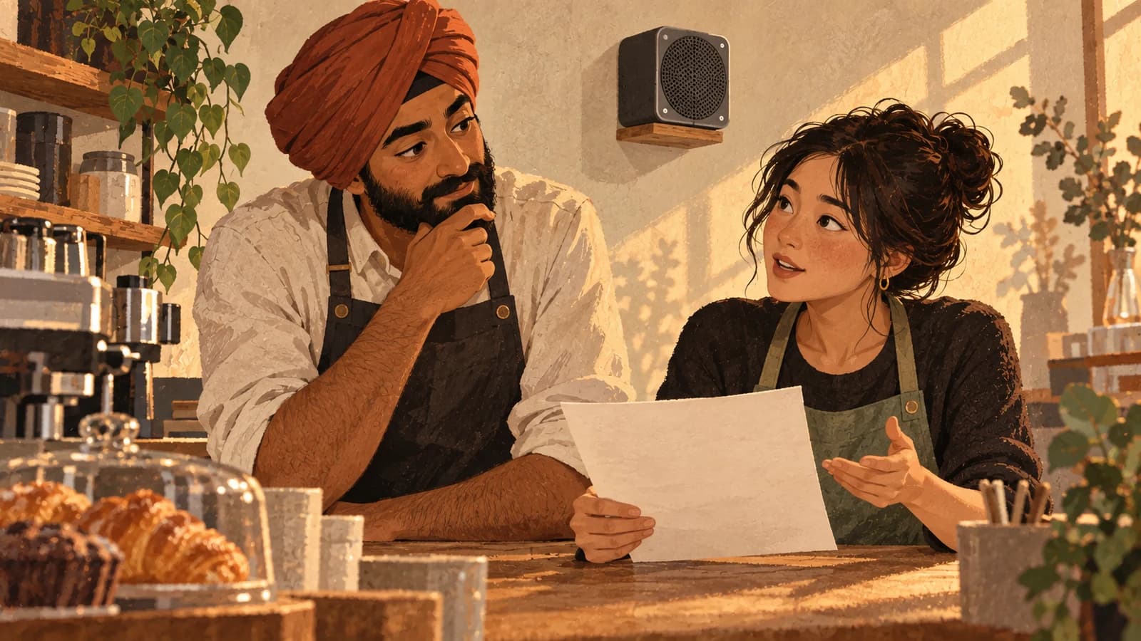 Illustration: a US cafe owner and shift supervisor discuss a blank music-use form beside a plain wall speaker.