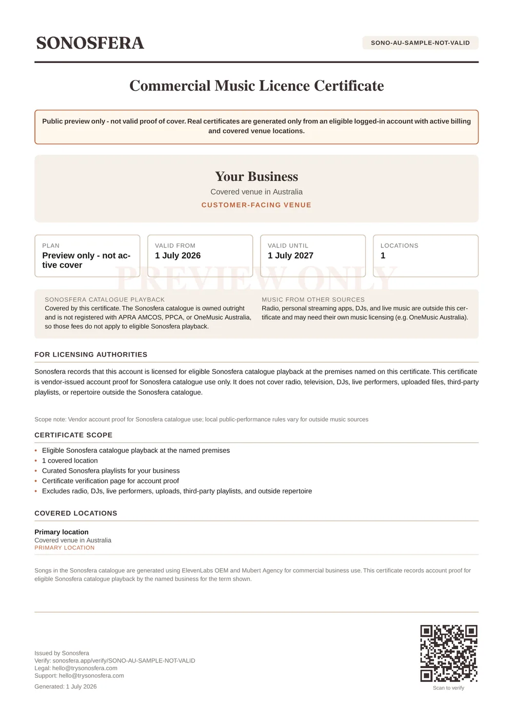 Sample Sonosfera commercial music licence certificate