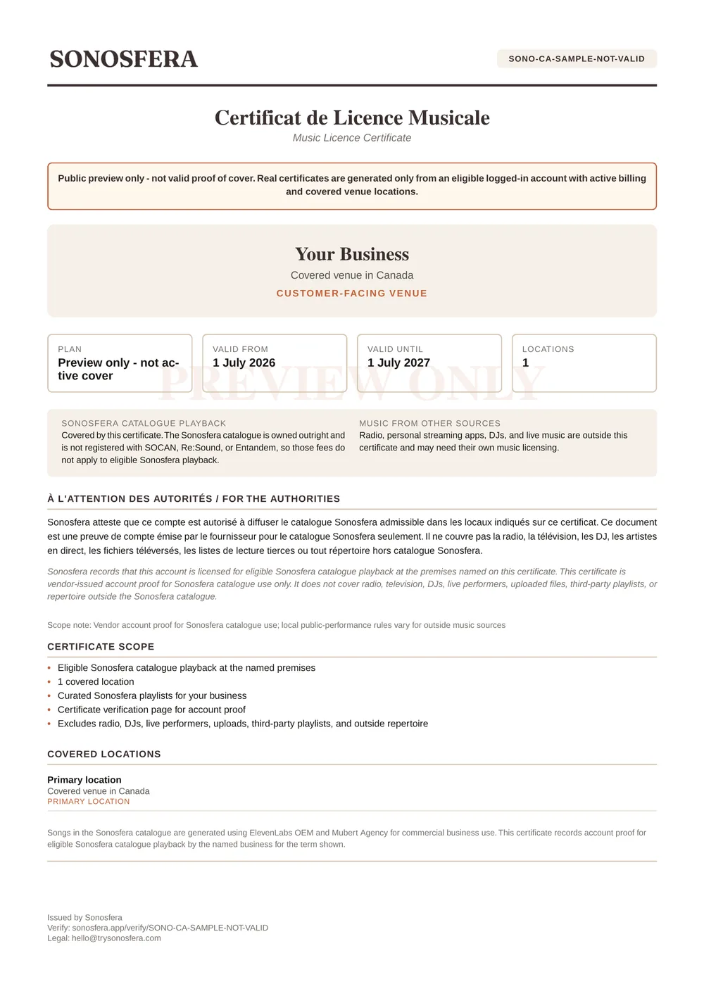Sample Sonosfera commercial music licence certificate