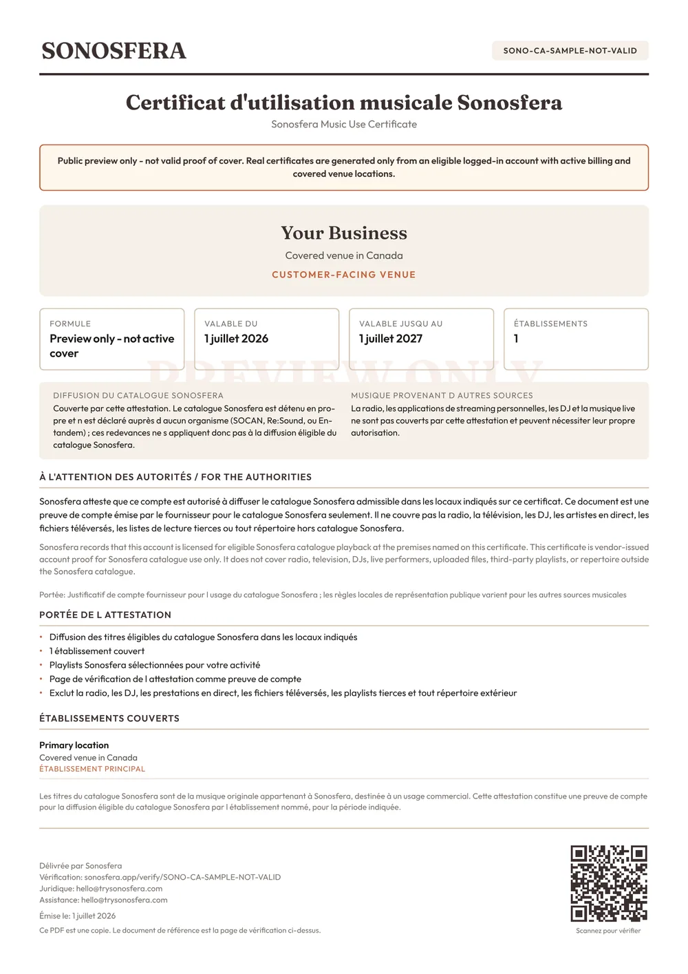 Sample Sonosfera Music Use Certificate, not valid for use