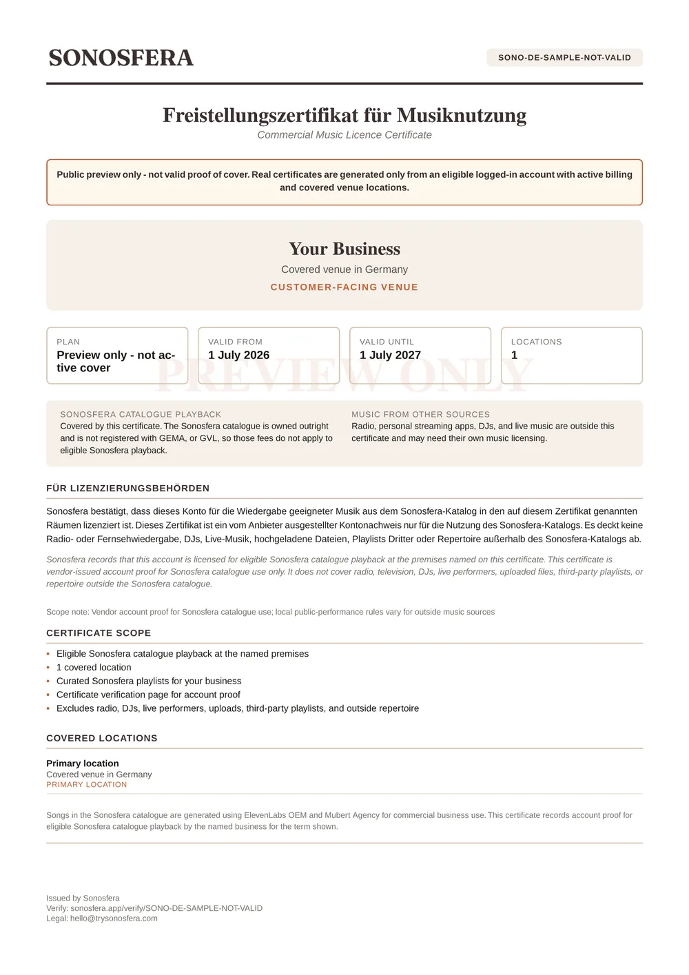 Sample Sonosfera commercial music licence certificate