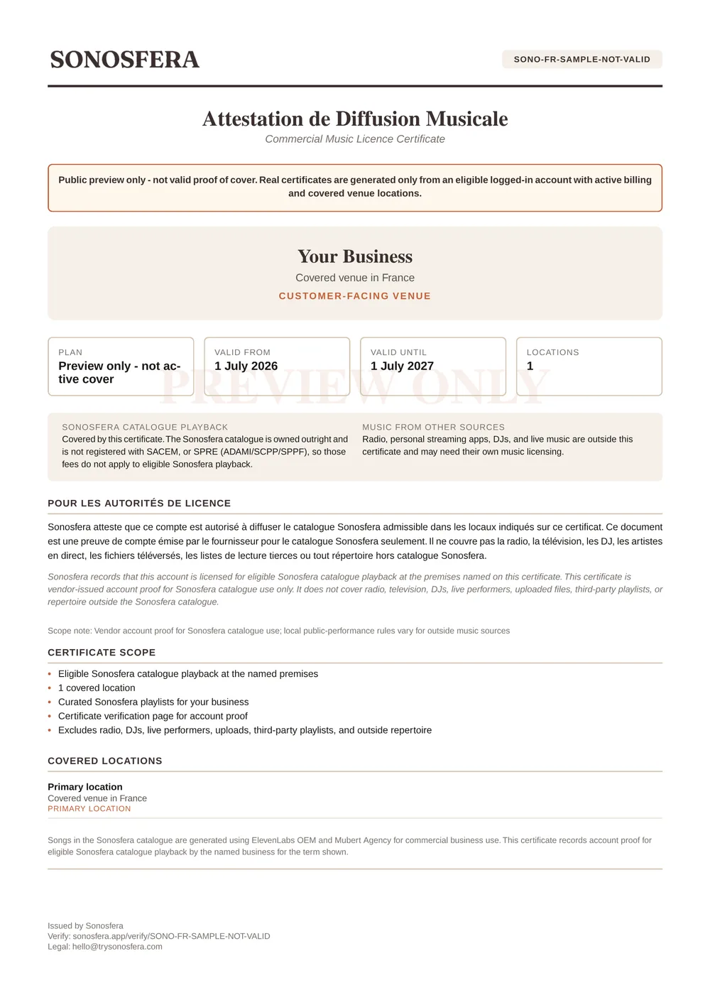 Sample Sonosfera commercial music licence certificate