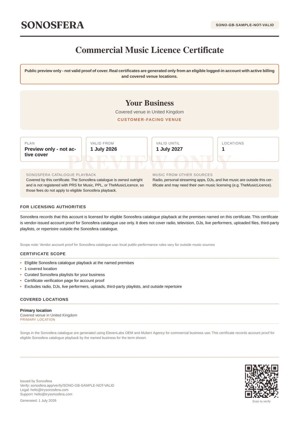 Sample Sonosfera commercial music licence certificate