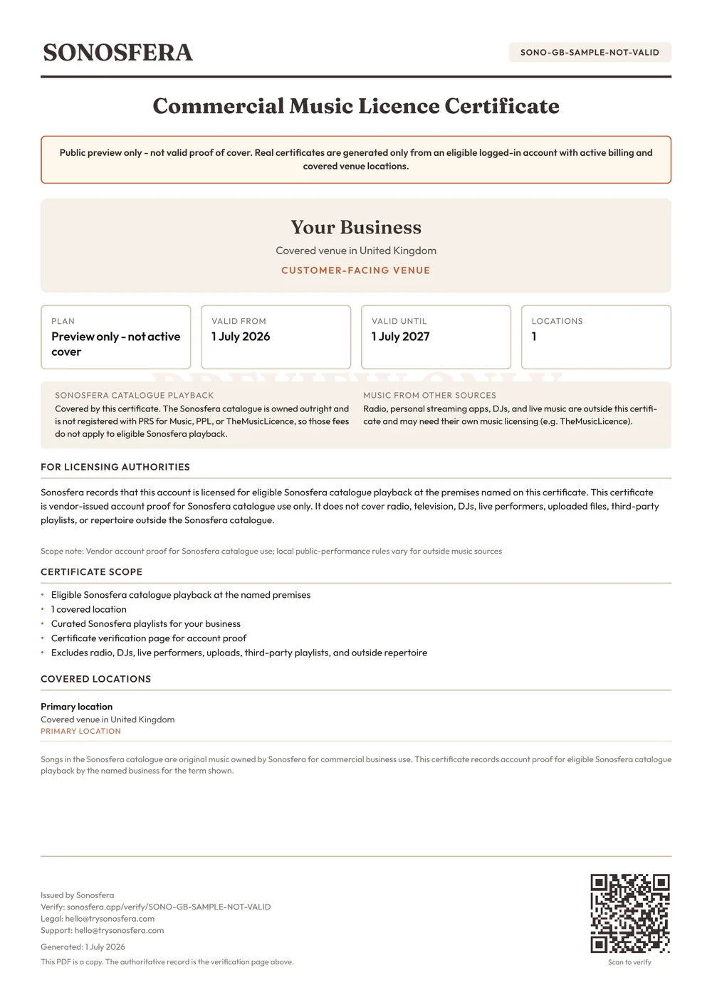 Sample Sonosfera licence certificate, not valid for use