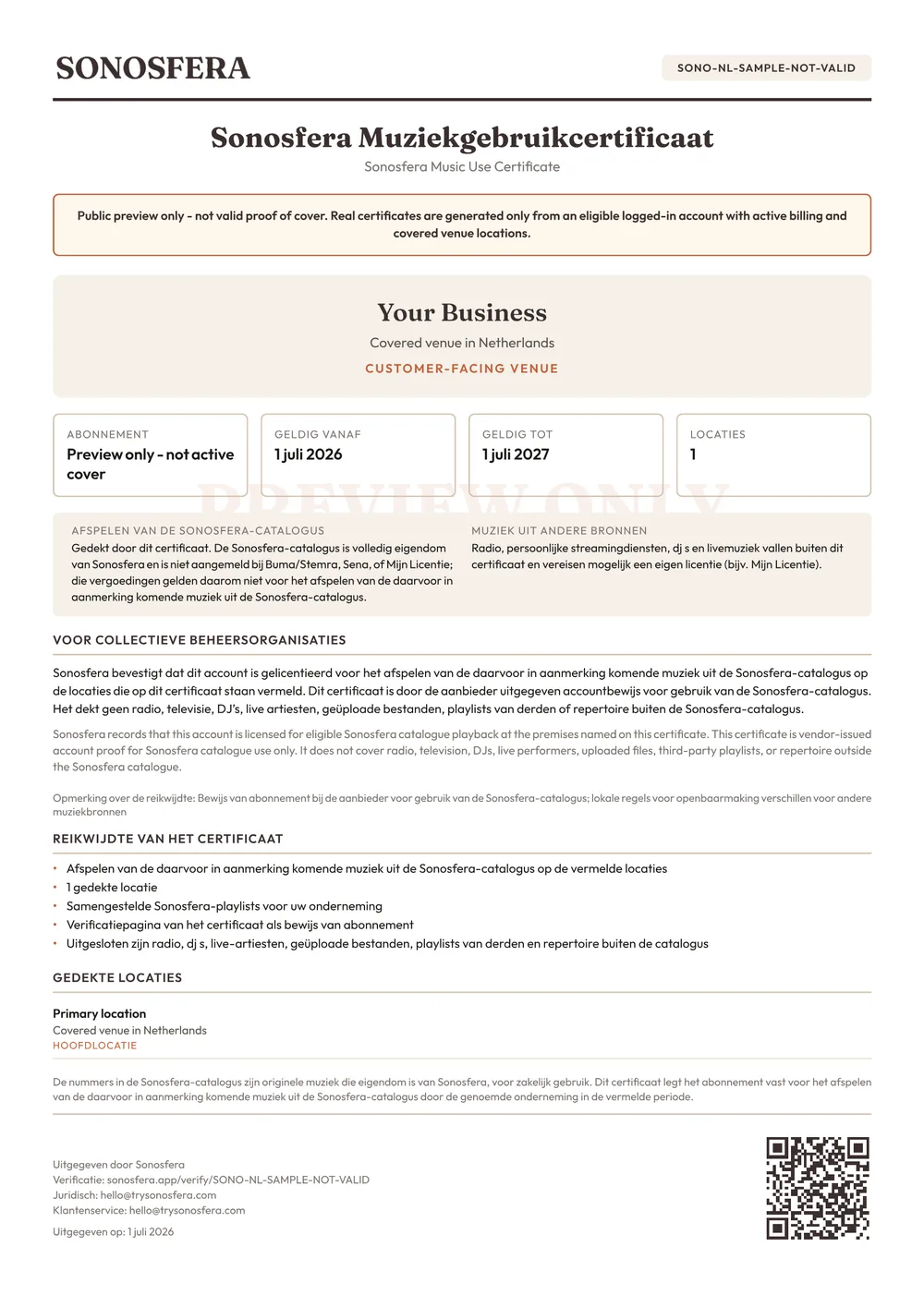 Voorbeeld van het Sonosfera Muziekgebruikcertificaat voor Nederland