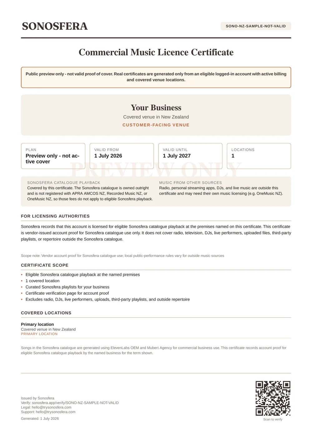 Sample Sonosfera commercial music licence certificate