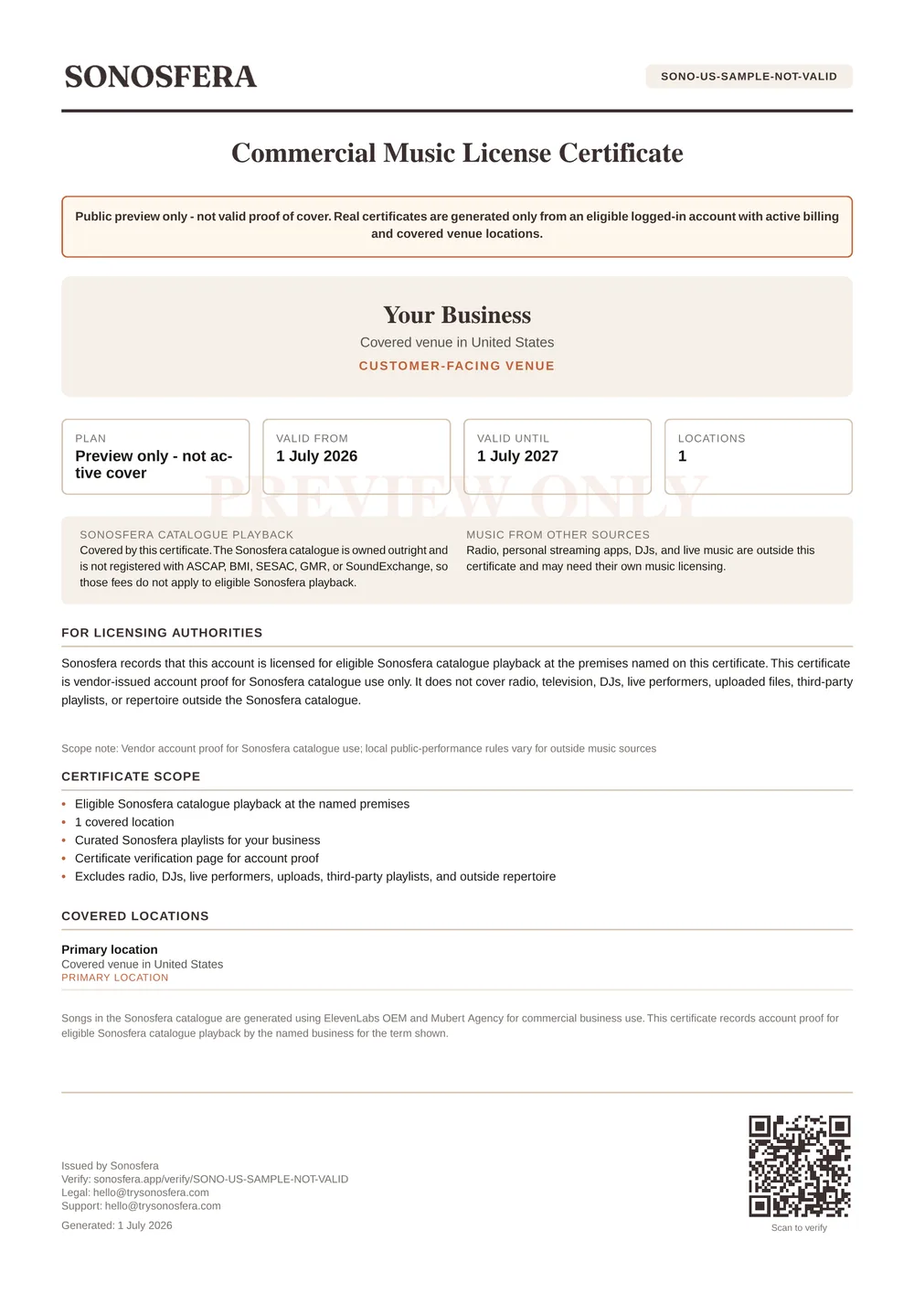 Sample Sonosfera commercial music licence certificate