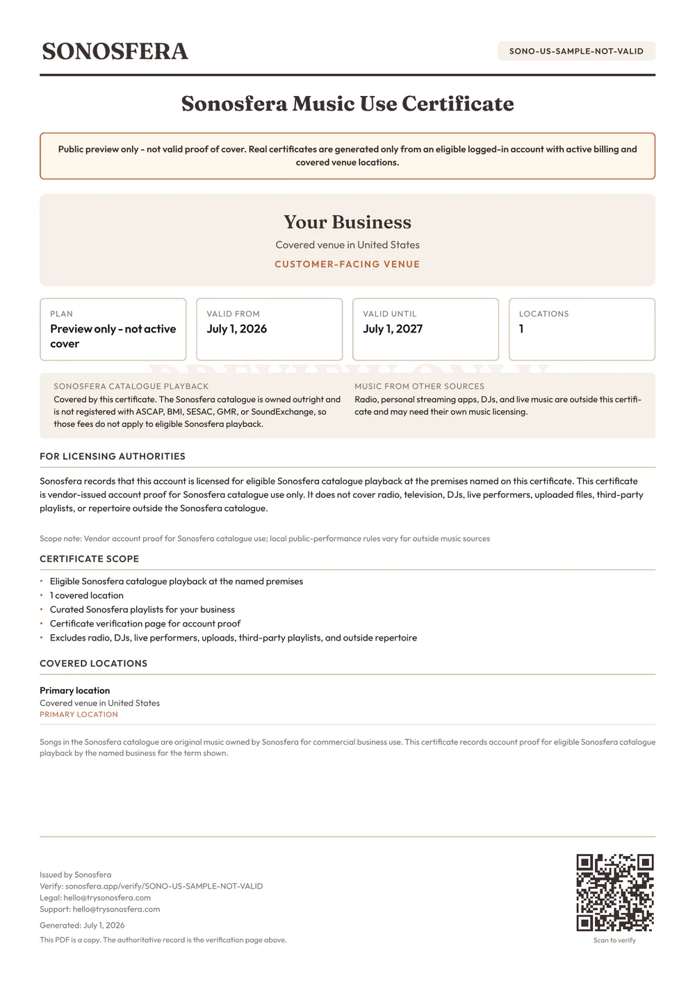 Sample Sonosfera Music Use Certificate, not valid for use