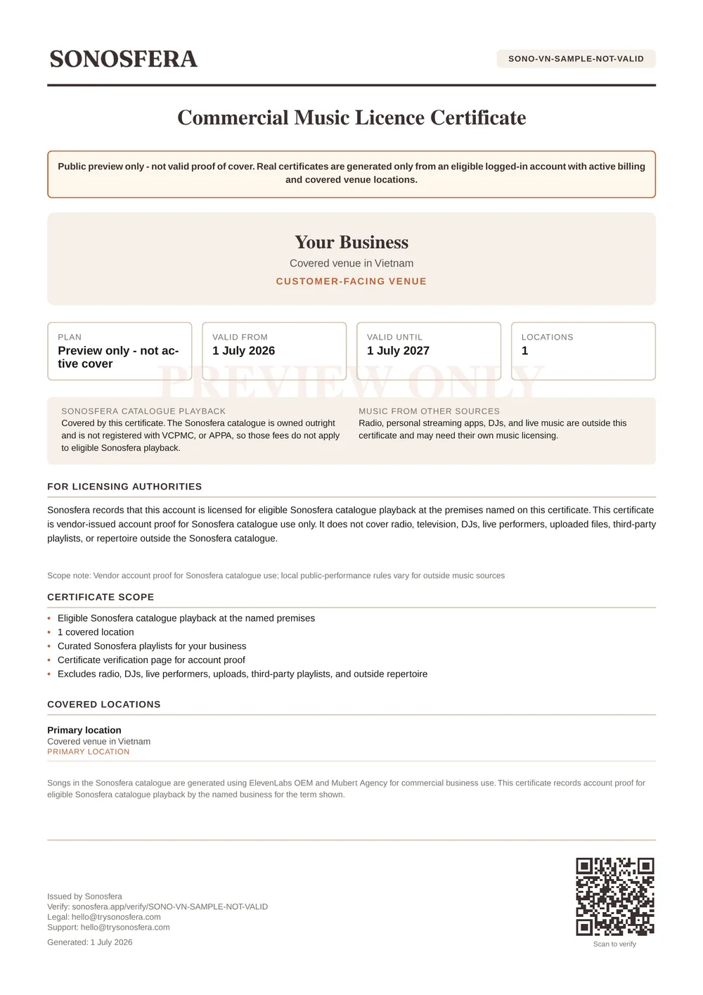 Sample Sonosfera commercial music licence certificate