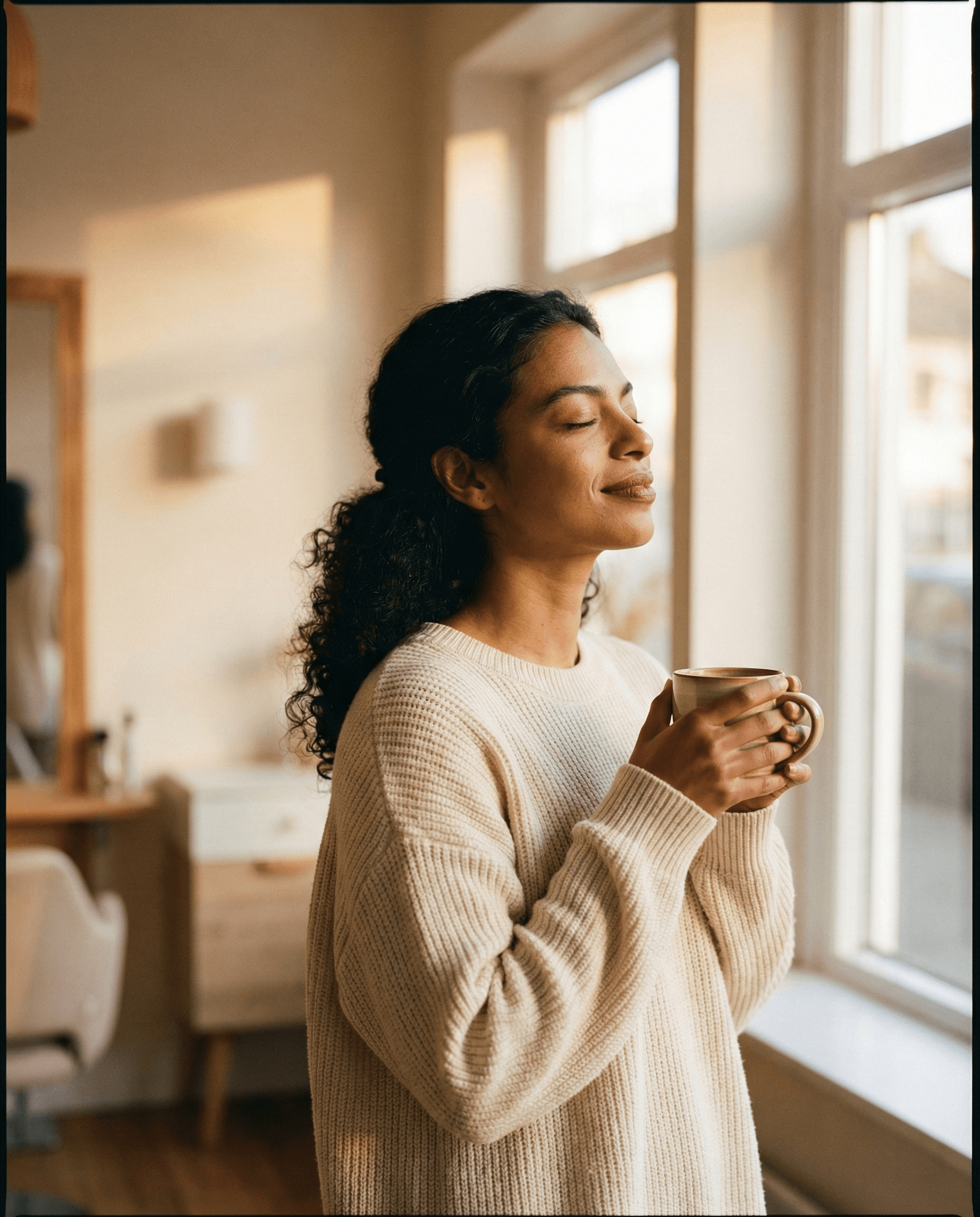 A Canadian salon owner enjoying a quiet, private music moment — the calm before the day begins