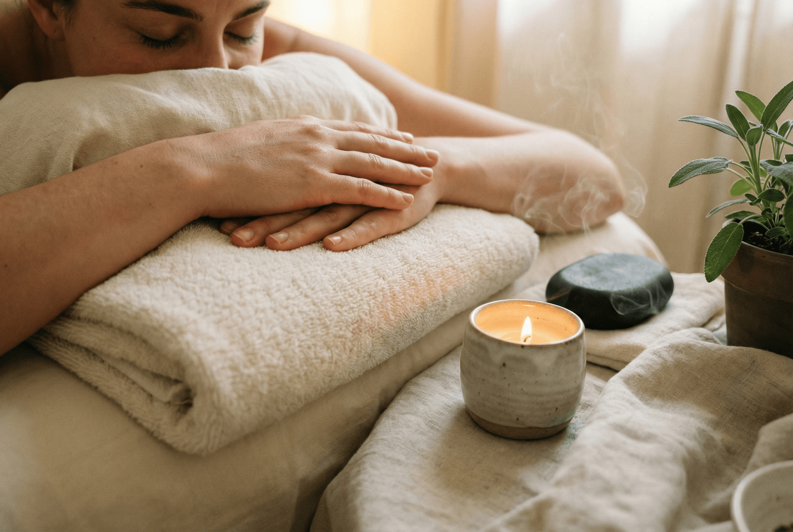 Peaceful spa relaxation space with gentle ambient lighting and calming atmosphere