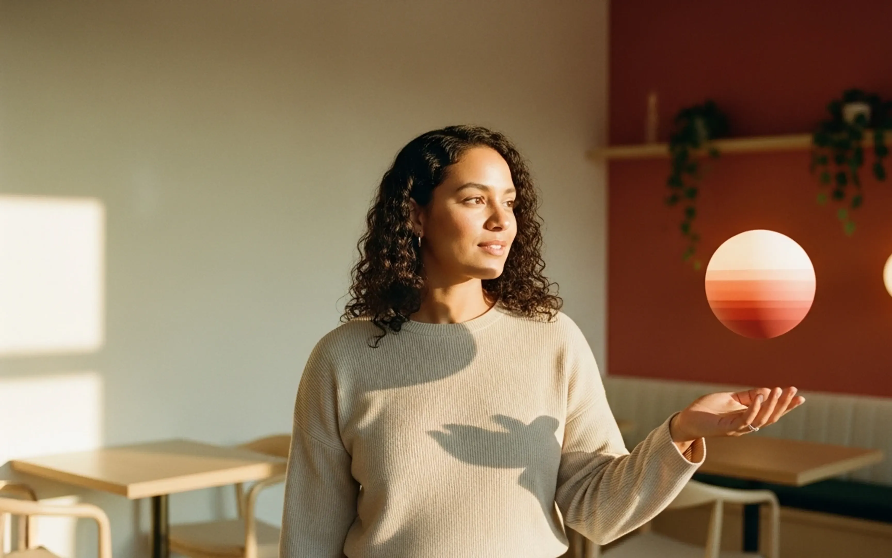 A woman in a warm, sunlit venue gazing at a glowing sphere of colour floating above her hand: music made visible